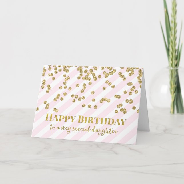 Gold Confetti Pink Stripes Carte d'anniversaire fi (Devant)