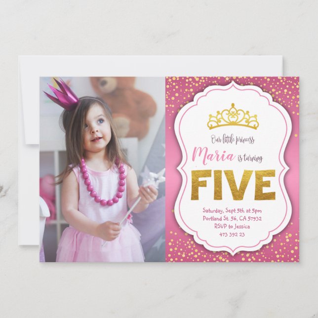 Gold Confetti Princess 5e anniversaire Invitation (Devant)