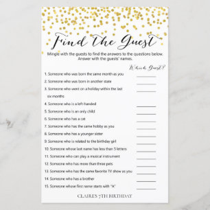 Gold Confetti Trouvez le jeu d'anniversaire invité