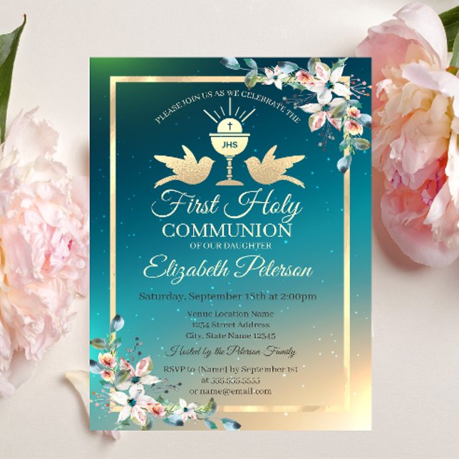 Gold Cross Floral First Holy Communion Invitation (Créateur téléchargé)