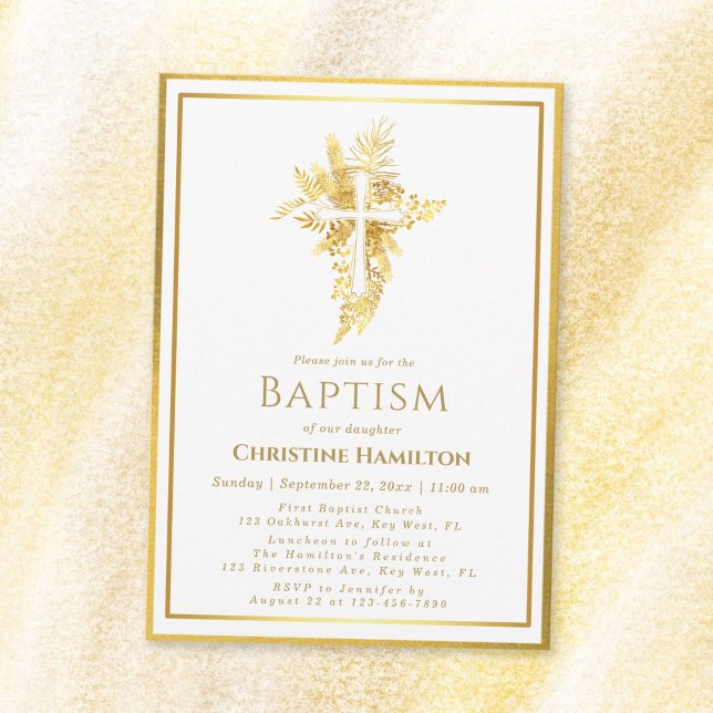 Gold Cross Floral Frame Baptism Invitation (Créateur téléchargé)