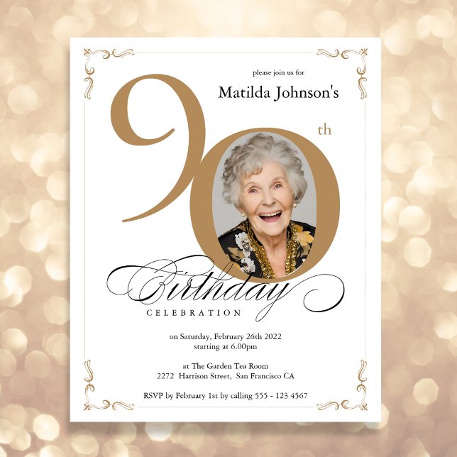 Gold Custom Photo Budget 90th Birthday Invitation (Mockup View)