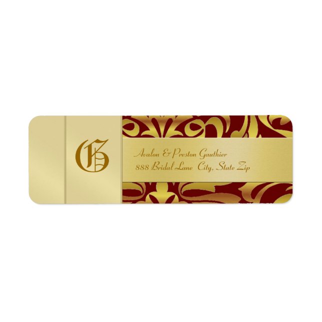 Gold Damask Monogramme Mariage rouge Étiquette de  (Devant)