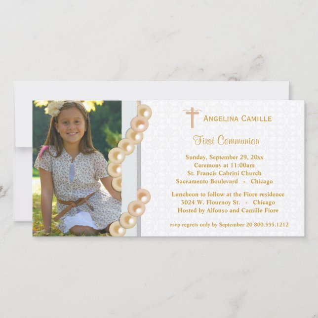 Gold Damask Pearls First Communion Photo Invitatio (Devant)