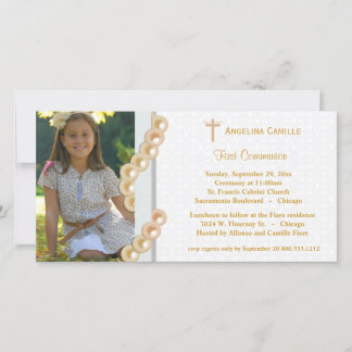 Gold Damask Pearls First Communion Photo Invitatio