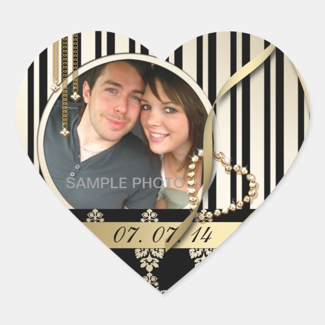 Gold Damask Photo Enregistrer la date Étiquette fo (Devant)