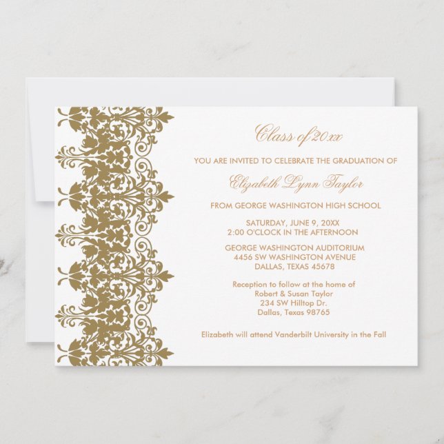 Gold Damask & White Graduation Faire-part (Devant)