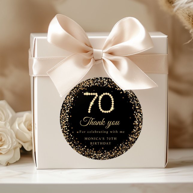 Gold Diamonds 70th Birthday Thank you Sticker (Gold Diamonds 70th Birthday Party thank you stickers)