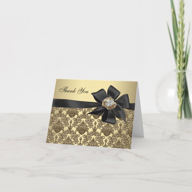 Gold Diamonds Black Damask Merci Cartes (Devant)