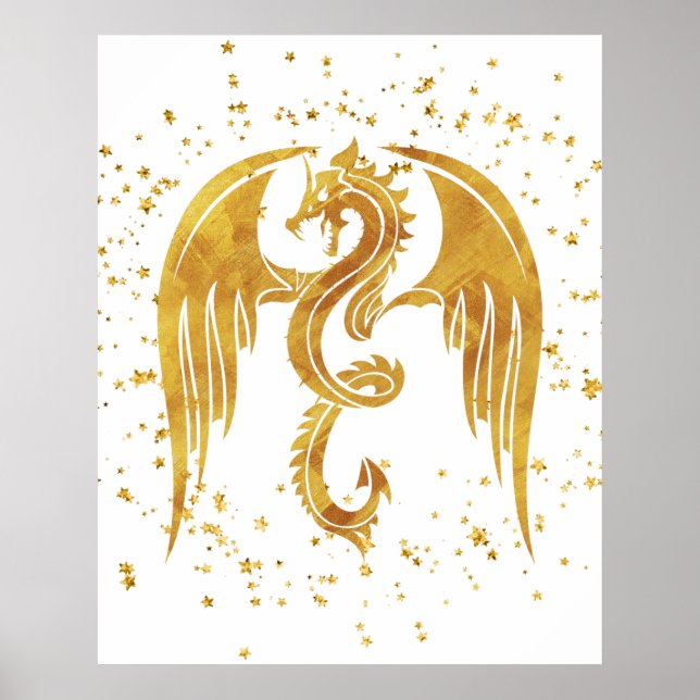 Gold Dragon In The Stars Poster sur fond blanc (Devant)