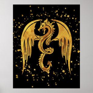 Gold Dragon In The Stars Poster sur fond noir