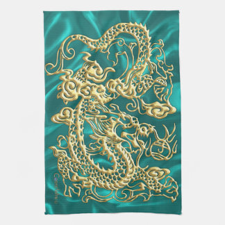 Gold Dragon Turquoise Satin Lush Serviette de cuis