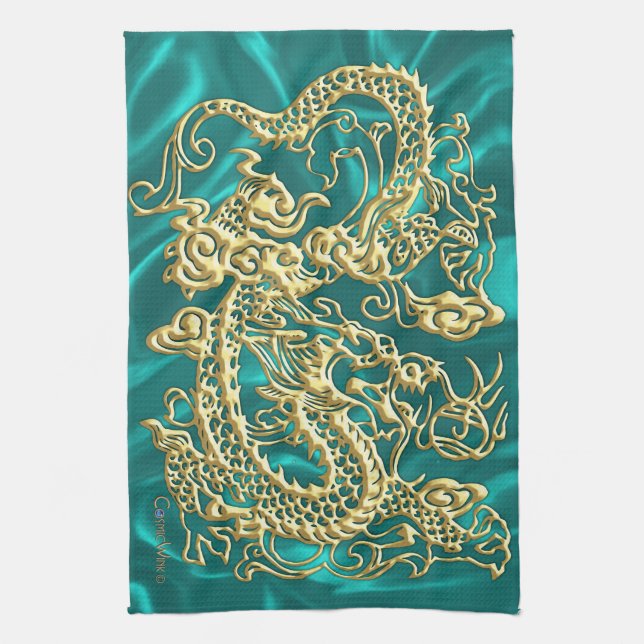 Gold Dragon Turquoise Satin Lush Serviette de cuis (Vertical)