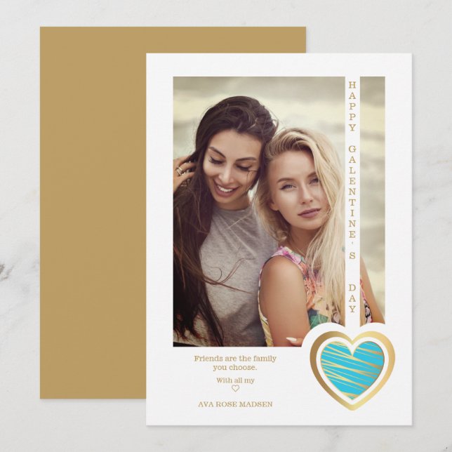 Gold Effect Blue Heart Friends Happy Galentines (Devant / Derrière)