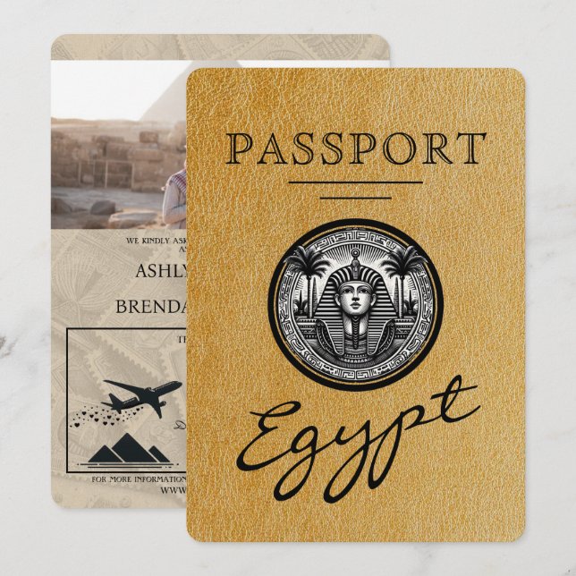 Gold Egypt Passport Wedding Invitation (Devant / Derrière)