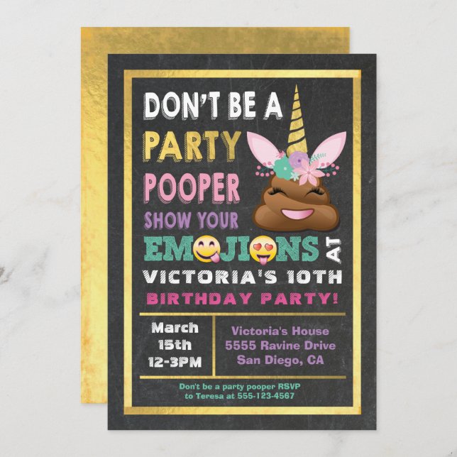 Gold Emoji Party Pooper Unicorn Birthay Invitation (Devant / Derrière)