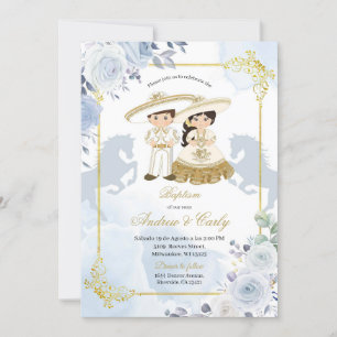 Gold et Blue Mexicaine Boy Girl Baptism Invitation