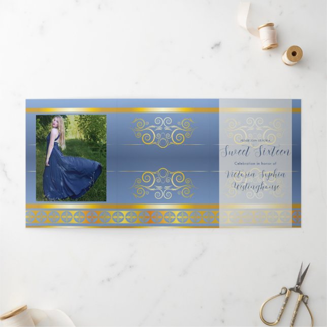 Gold et Blue Photo Sweet 16 Party Invitation (Extérieur)