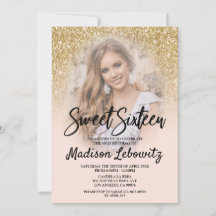 Gold et Blush Sweet 16 Photo Invitation Anniversai