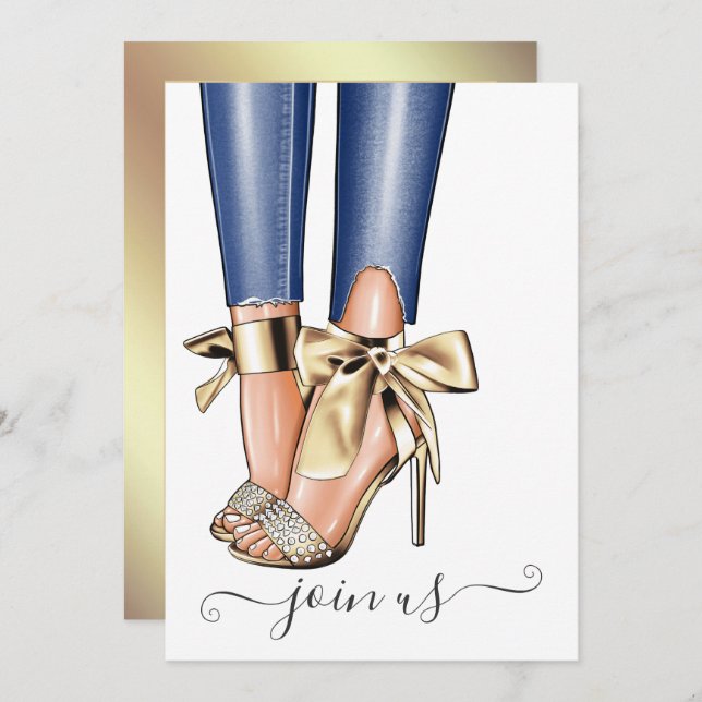 Gold et Denim Fashionista Bachelorette Invitation (Devant / Derrière)