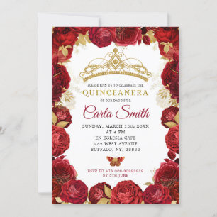 Gold et Red Roses Mis Quince Invitation Anniversai