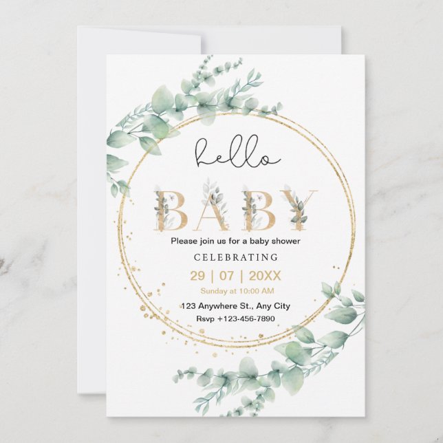 Gold Eucalyptus Hello Baby Invitation (Devant)