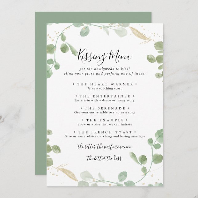 Gold Eucalyptus Mariage Kissing Menu Carte de jeu (Devant / Derrière)