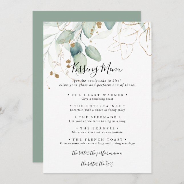 Gold Eucalyptus Mariage Kissing Menu Carte de jeu (Devant / Derrière)
