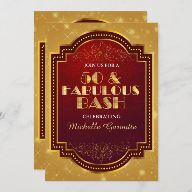 Gold Fabulous 50th Birthday Party Invitations (Devant / Derrière)