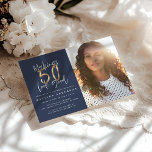 Gold faire 50 look bonne photo invitation annivers<br><div class="desc">Faire 50 belle invitation d'anniversaire photo. Style de texte moderne bleu et or effet design. Partie d'une collection.</div>