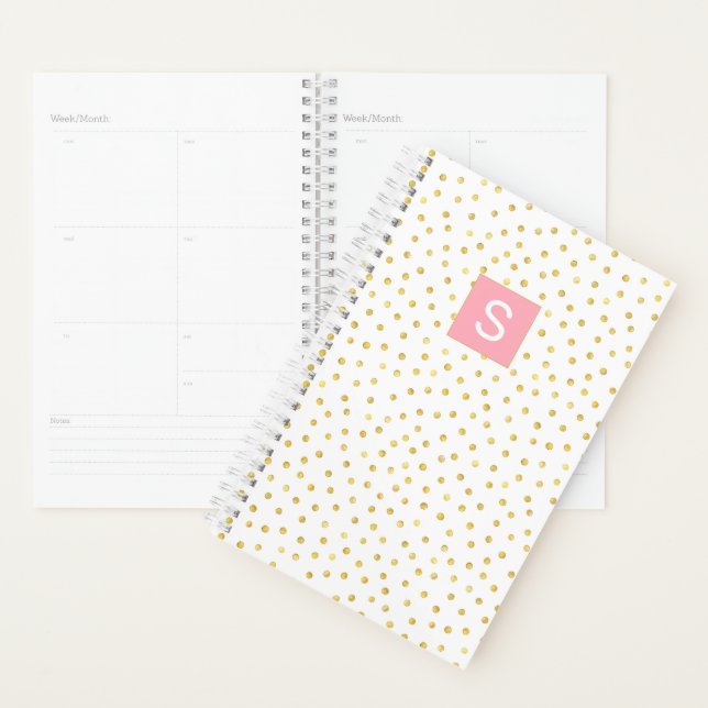 Gold Faux Foil Polka Dot Monogramme Calendrier Pla (Devant avec enveloppe)