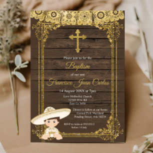 Gold Fiesta Boy Baptême Christening Invitation
