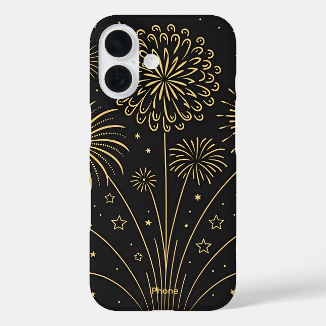 Gold Fireworks Midnight iPhone 16 Coque (Verso)