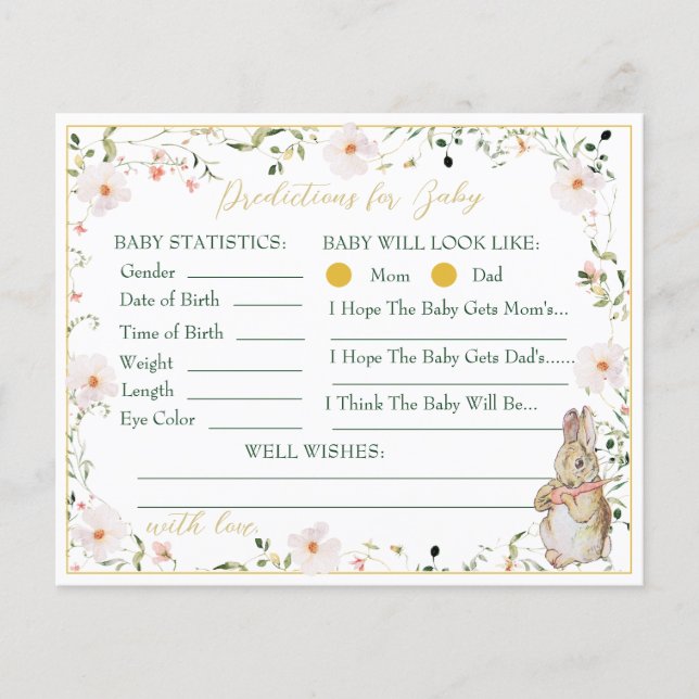 Gold Floral Baby Bunny Baby shower de prédiction J (Devant)