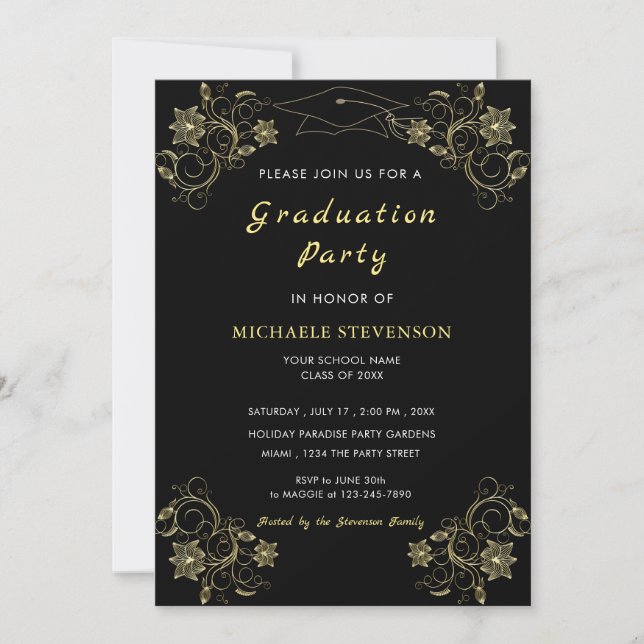 Gold Floral Black Graduation Modèle d'invitation (Devant)