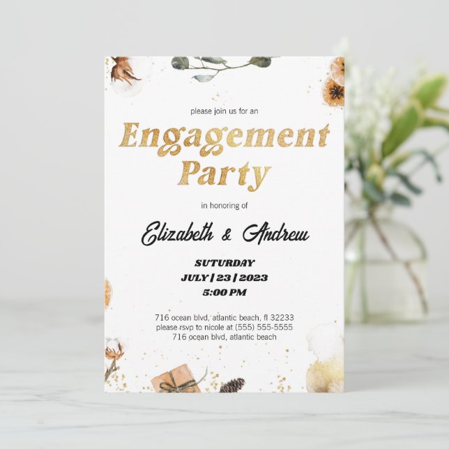 Gold Floral Christmas Engagement Party Invitations (Debout devant)
