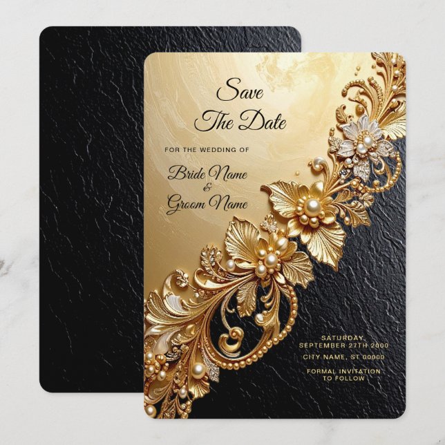 Gold Floral Embellishments Save The Date (Devant / Derrière)
