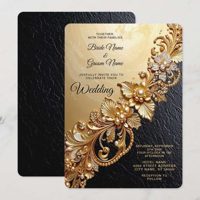 Gold Floral Embellishments Wedding Invitation (Devant / Derrière)