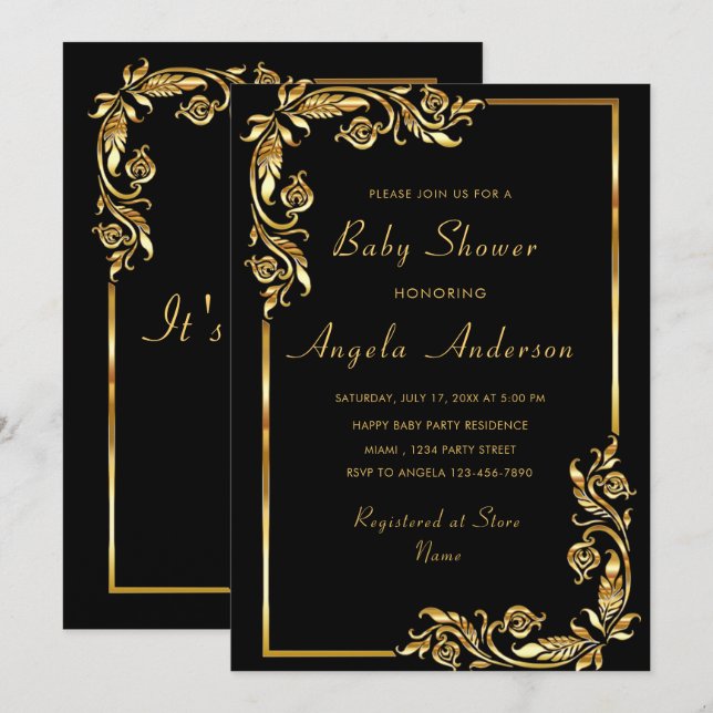 Gold Floral encadré bébé fille douche Invitation (Devant / Derrière)