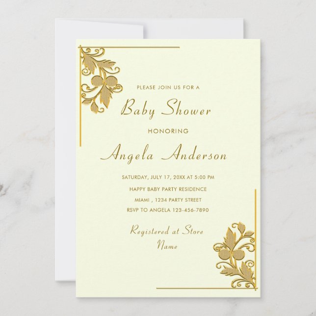 Gold Floral encadré bébé garçon douche Invitation (Devant)