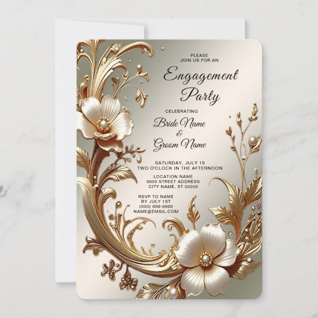 Gold Floral Engagement Invitation (Devant)