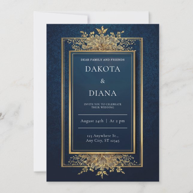 Gold Floral Frame Marine Mariage Invitation (Devant)