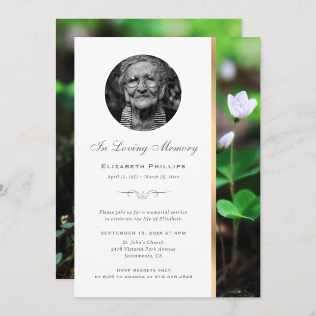 Gold Floral Memorial Service Photo Invitations (Devant / Derrière)