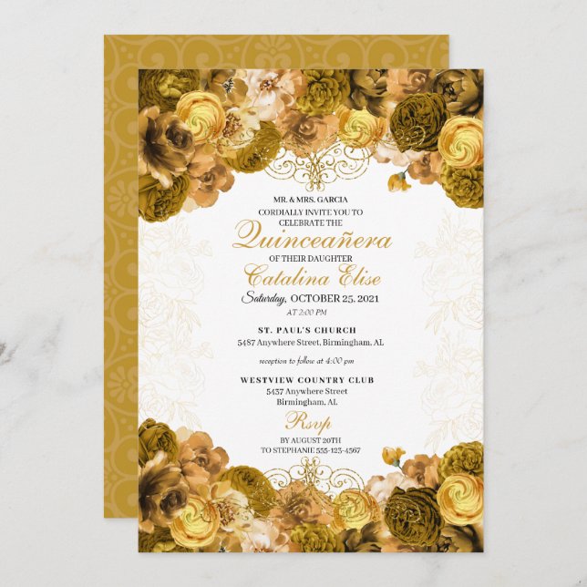 Gold Floral Quinceanera Invitation Anniversaire (Devant / Derrière)