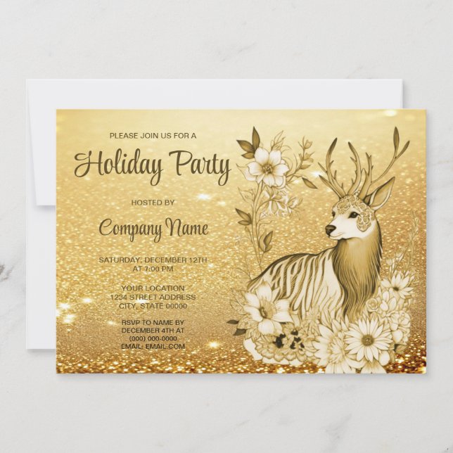 Gold Floral Reindeer Christmas Party Invitation (Devant)