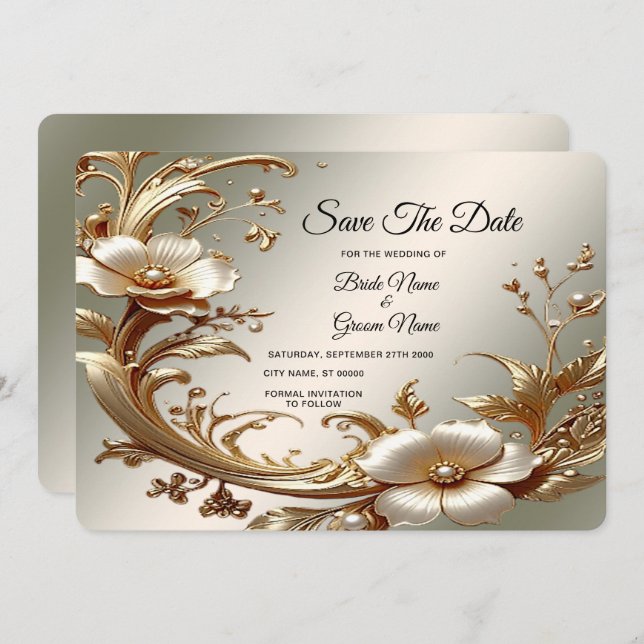 Gold Floral Save The Date (Devant / Derrière)