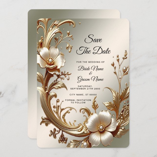 Gold Floral Save the Date (Devant / Derrière)