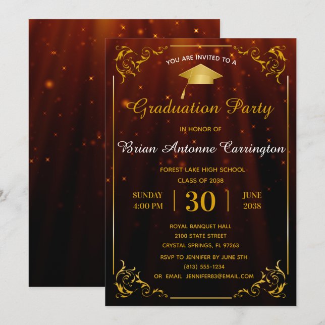 Gold Flourish Frame Graduation Party Invitation (Devant / Derrière)