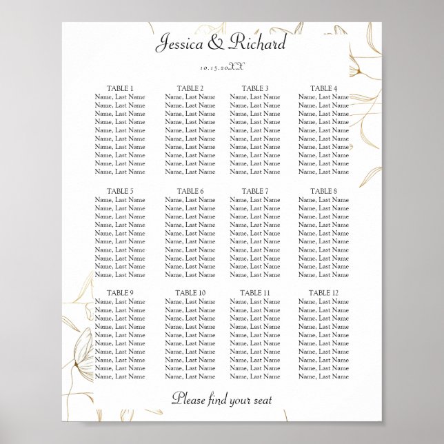 Gold Flower 12 Tables Seating Chart Poster Sign (Devant)