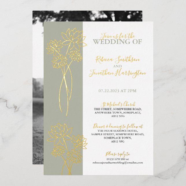 Gold Flowers Sage Photo Mariage Foil Invitation (Recto/Verso)